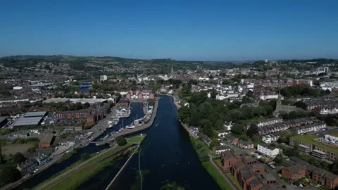 Exeter, Devon, England: DRONE VIEW: Trews Weir, River Exe, Exeter Ship Canal (4) Stock Footage 265024740