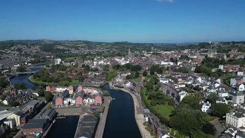 Exeter, Devon, England: DRONE VIEWS: River Exe, Exeter Ship Canal &amp; City (6) Stock Footage 265023077