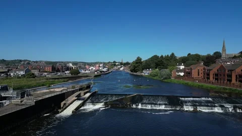 Exeter, Devon, England: DRONE VIEWS: Trews Weir, River Exe &amp; Exeter Quays (1) Stock Footage 265024700