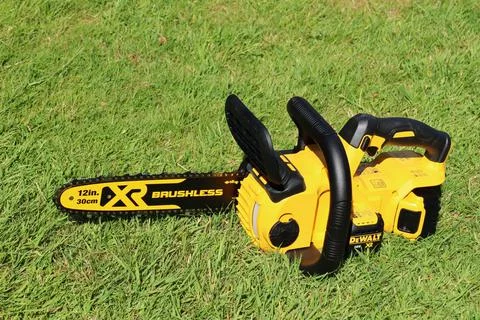 EXETER, DEVON, ENGLAND - JUNE 15TH 2021: Dewalt 18 volt cordless chainsaw on  Foto stock
