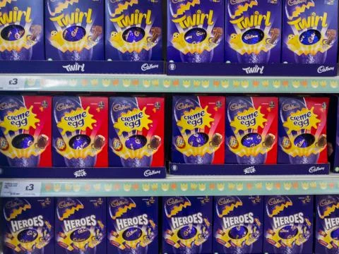 Exeter, Devon , England, March, 14, 2019: A supermarket shelves selling choco Stock Photos