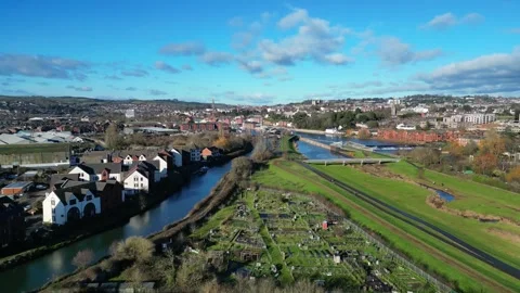 Exeter, England (26/01/05): Exeter Ship Canal, River Exe and the city of Exeter Stock Footage 326062575