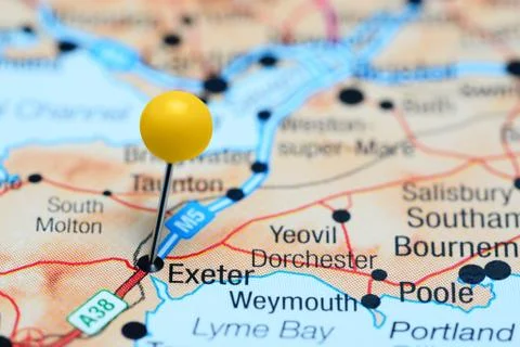 Exeter pinned on a map of UK Foto stock
