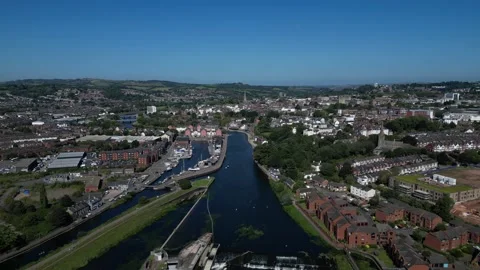 Exeter, South Devon, England: DRONE VIEWS: The River Exe &amp; Exeter Ship Canal (2) Stock Footage 265025106