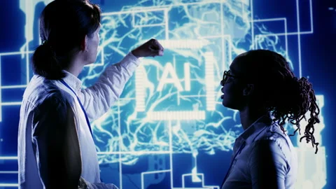 Exevutives using AI computing simulation Stock Footage 249564316