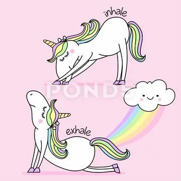 Exhale - Inhale - namaste fart rainbow funny vector quotes and unicorn drawing. Stock Illustration