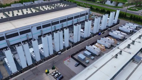 Exhaust stacks on a large scale data center, Hilliard, Ohio, USA in closeup Stock Footage 336762612