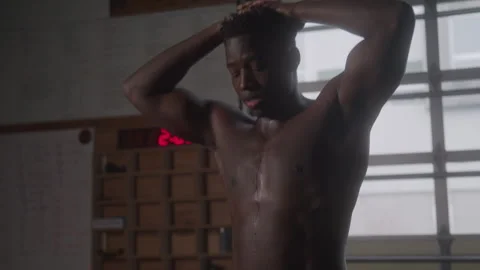 Exhausted Athletic Guy Stands Shirtless In Gym Stock Footage 270323761