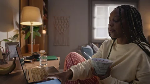 Exhausted Black Woman Experiencing Digital Burnout at Home Stock Footage 344110760