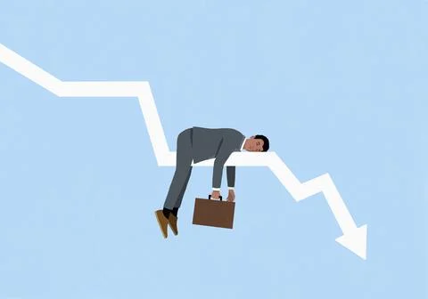 Exhausted businessman with briefcase sleeping on declining arrow chart against Stock Illustration