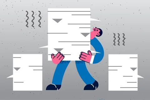 Exhausted businessman carry stack of paperwork documents Stock Illustration