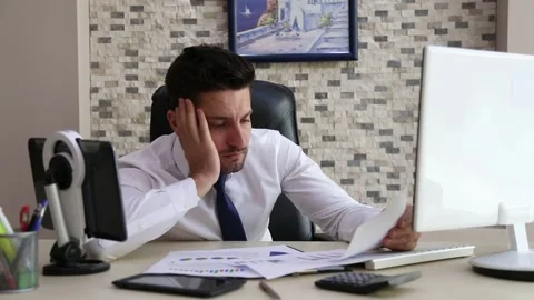 Exhausted Businessman Falling Asleep While Working Video stock 346182009