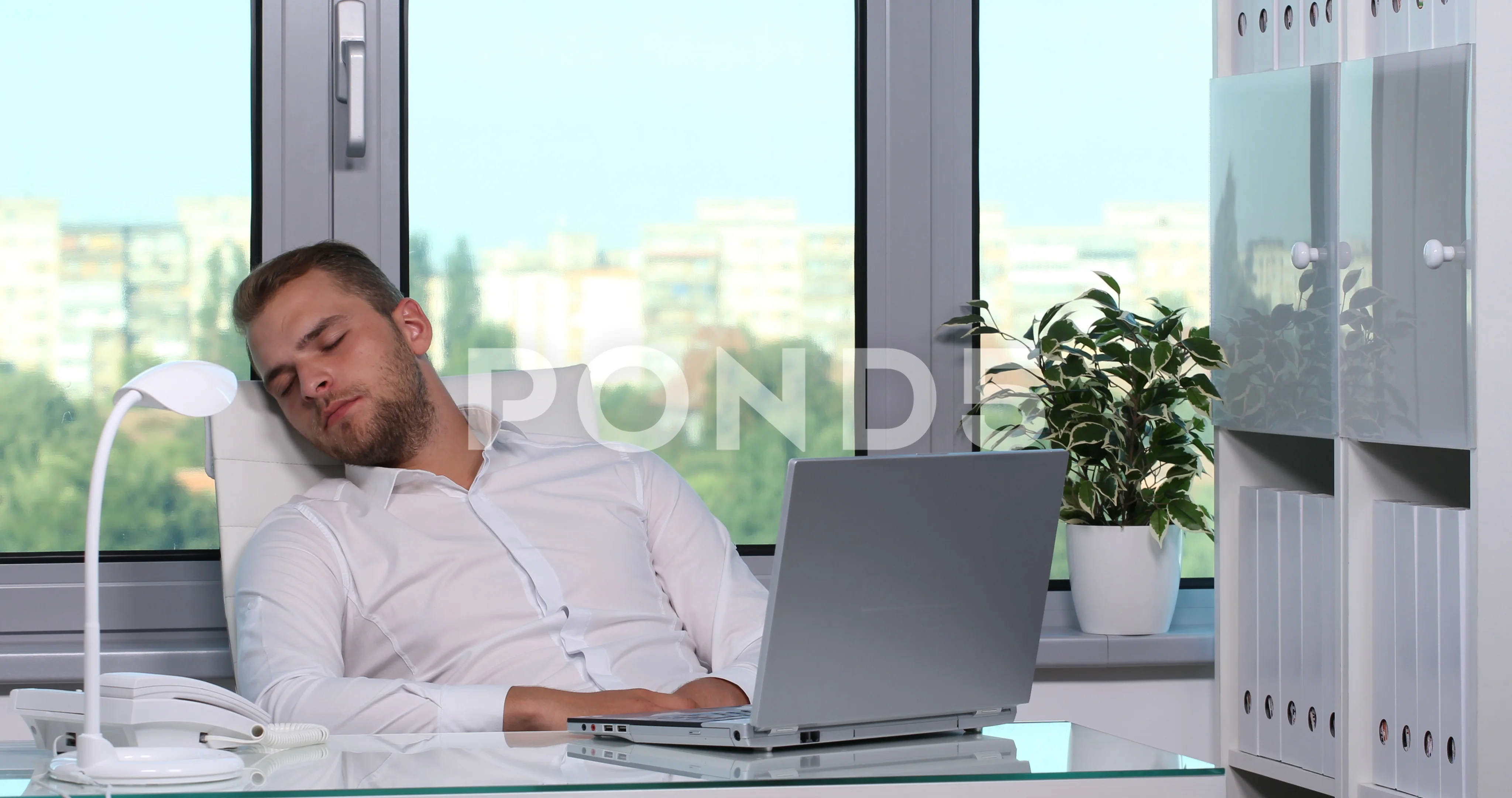 Exhausted Businessman Person Sleeping On Desk Not Working Day In