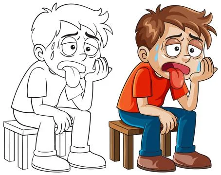 Exhausted Cartoon Boy Sitting on a Stool Illustrazione stock