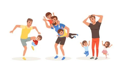 Exhausted Dad and Hyperactive Child Claiming Attention Vector Illustration Set Ilustración de archivo