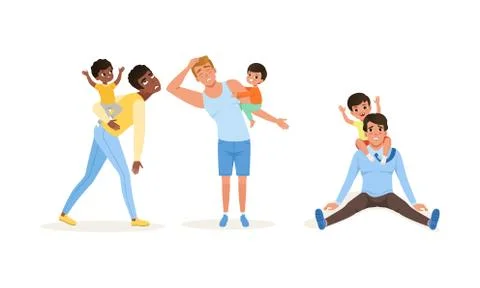 Exhausted Dad and Hyperactive Child Claiming Attention Vector Illustration Set Ilustración de archivo