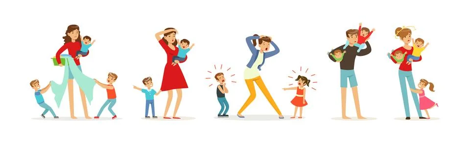 Exhausted Dad and Mom with Hyperactive Child Claiming Attention Vector Set Ilustración de archivo