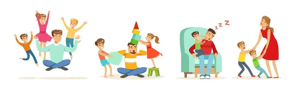 Exhausted Dad and Mom with Hyperactive Child Claiming Attention Vector Set Ilustración de archivo