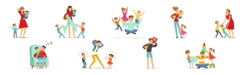 Exhausted Dad and Mom with Hyperactive Child Claiming Attention Vector Set Ilustración de archivo