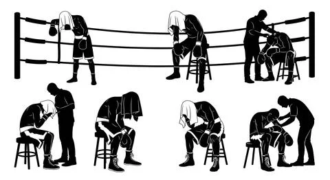 Exhausted Fighter Between Rounds Silhouettes Stock Illustration