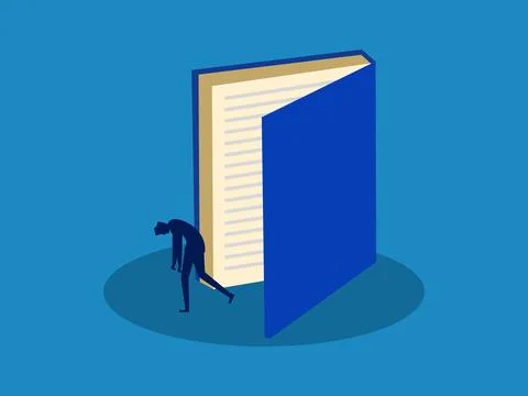 Exhausted from learning. man walking out of a large open book door Stock Illustration