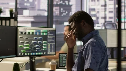 Exhausted man being sleepy in workspace, programming on computer Stock Footage 318160777