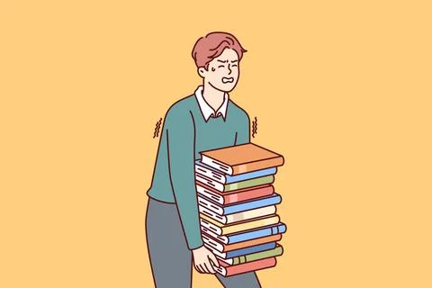 Exhausted man carries large stack of books suffering from overload while Stock Illustration
