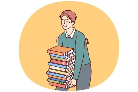 Exhausted man carries large stack of books suffering from overload while Stock Illustration