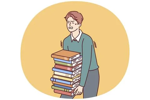 Exhausted man carries large stack of books suffering from overload while Stock Illustration