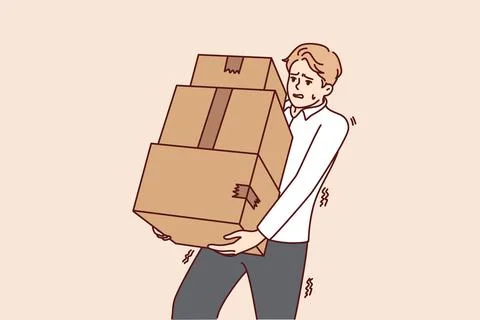 Exhausted man carry stack of boxes Illustrazione stock