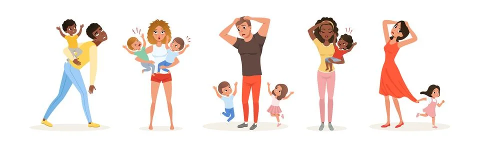 Exhausted Mom and Dad with Hyperactive Child Claiming Attention Vector Set Ilustración de archivo