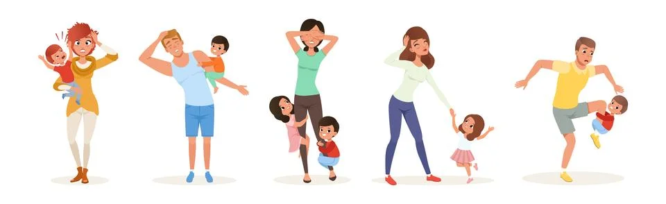 Exhausted Mom and Dad with Hyperactive Child Claiming Attention Vector Set Ilustración de archivo