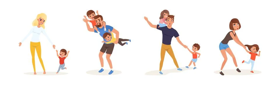 Exhausted Mom and Dad with Hyperactive Child Claiming Attention Vector Set Ilustración de archivo