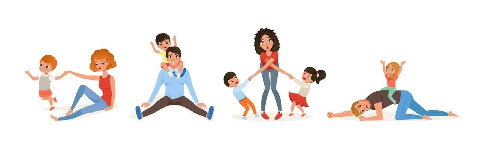 Exhausted Mom and Dad with Hyperactive Child Claiming Attention Vector Set Ilustración de archivo