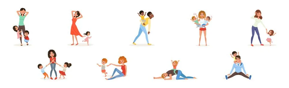 Exhausted Mom and Dad with Hyperactive Child Claiming Attention Vector Set Ilustración de archivo