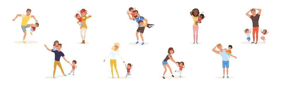 Exhausted Mom and Dad with Hyperactive Child Claiming Attention Vector Set Ilustración de archivo
