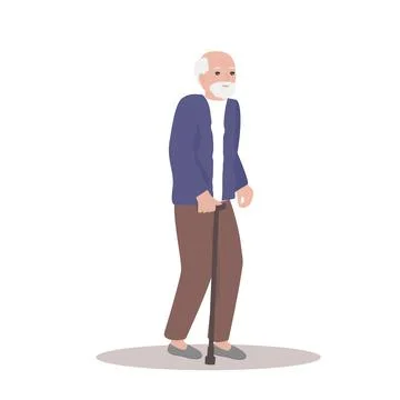 Exhausted old man walking with a cane isolated on white background. Old man w Stock Illustration