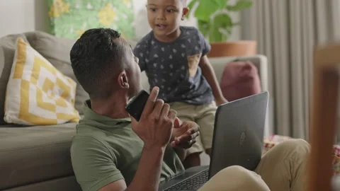 Exhausted parent with hyperactive child. Chaos with kids at home Stock Footage 244413513