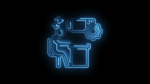 Exhausted person at desk with low battery icon and gear symbol representing.. Stock Footage 346121982