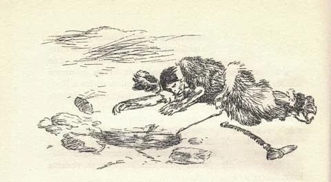 An exhausted prehistoric hunter rests on the ice. Depiction of a prehistoric  Illustrazione stock
