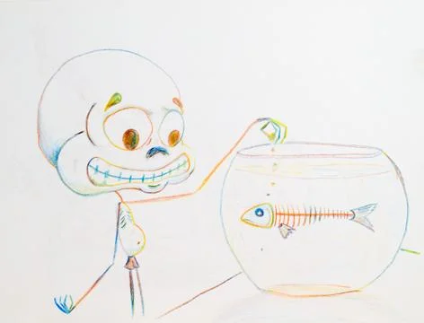 The exhausted puny creature tries to feed the died fish Stock Illustration