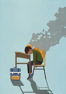 Exhausted school boy with back and head on fire sleeping at classroom desk Stockillustratie