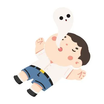 Exhausted school boy lying down with soul leaving body expressing burnout f.. Stockillustratie