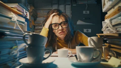 Exhausted stressed office worker having too many coffees Stock Footage 119279621