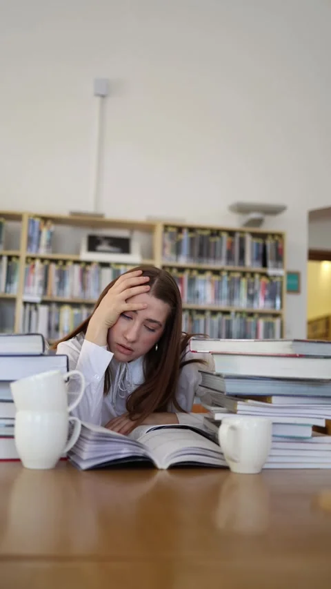 Exhausted student can barely stay awake while studying for exams in library Stock Footage 342178485