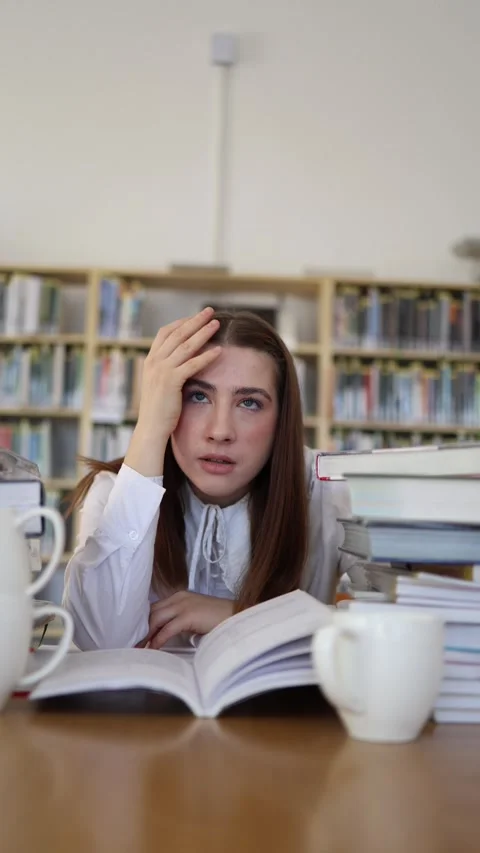 Exhausted student feels overwhelmed by intense studying and exam preparation Stock-Footage 342178543