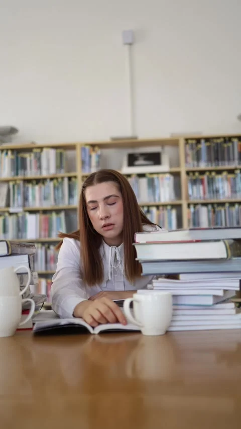 Exhausted student relies on coffee to keep studying for difficult exams Stock-Footage 342178511