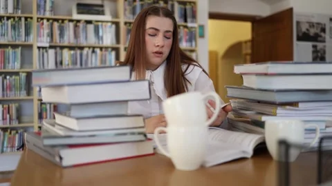Exhausted student yawns while studying for exams in a library 動画素材 341655435