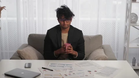 Exhausted work sleepy man refreshing coffee Stock Footage 219748039