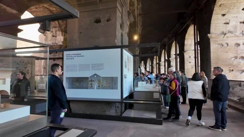 Exhibit Area Inside the Colosseum with Historical Displays Stock Footage 281296053